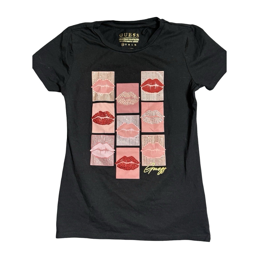 Black Guess Eco Biza Rhinestone Lip Tee Organic Cotton XS Baby T-shirt Bling